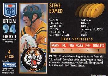 1994 Dynamic Rugby League Series 1 #4 Steve Edmed Back